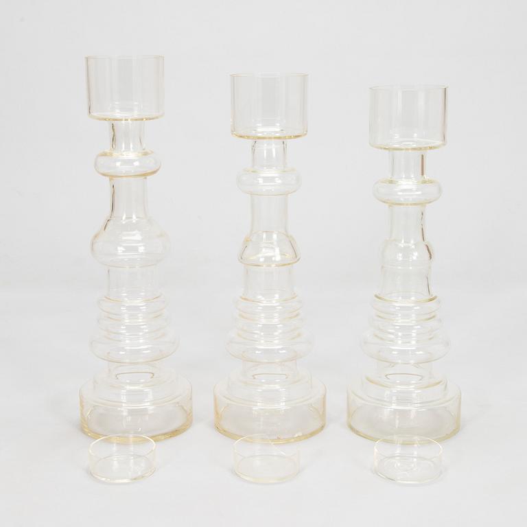 Oiva Toikka, Three 'Lighthouse' glass candle holders / vases, two signed Notsjö Nuutajärvi.