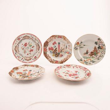 A set of five different Chinese 18th century porcelain plates.