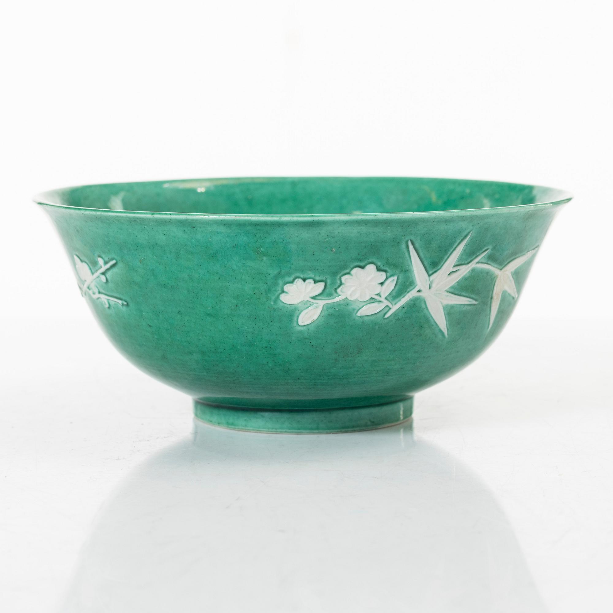 A Chinese green glazed 'three friends of winter' bowl, Republic, 20th century.