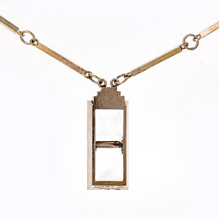 Wiwen Nilsson, pendant on chain, sterling silver, two rock crystal sapprox 15 x 15 mm each, Lund 1945.