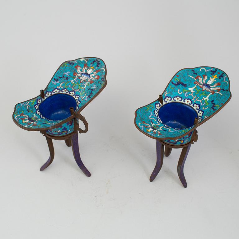 A pair of chinese cloisonné tripod wine vessels, 20th century.