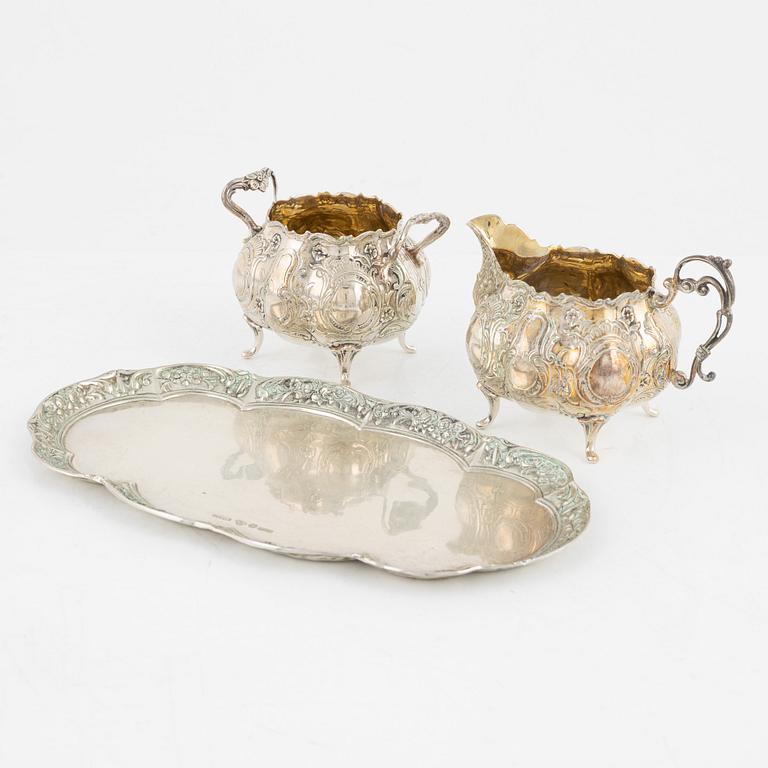 A silver Rococo style creamer, sugar bowl and tray, Gewe Silvervarufabriken Ab, Malmö, Sweden, 1970-71.
