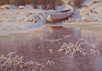 Gustaf Fjaestad, Winter landscape with frozen lake.