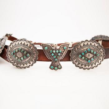 Belt with 12 buckles, silver with set turquoises.
