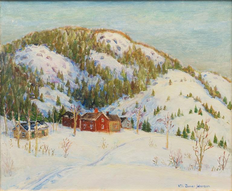 Nils Gunnar Johansson, Vinterlandskap med stugor vid fjäll.