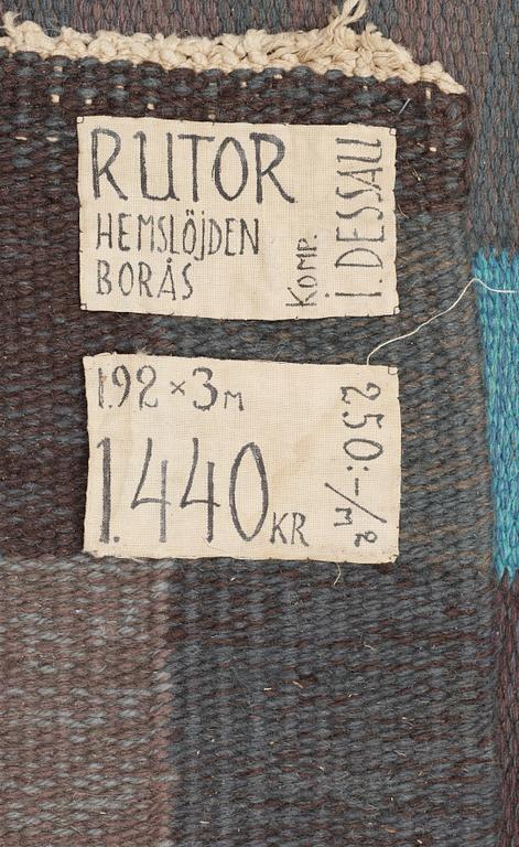 CARPET. "Rutor". Rölakan (flat weave). Signed HB ID (Hemslöjden Borås, Ingrid Dessau). Sweden around 1950-60.