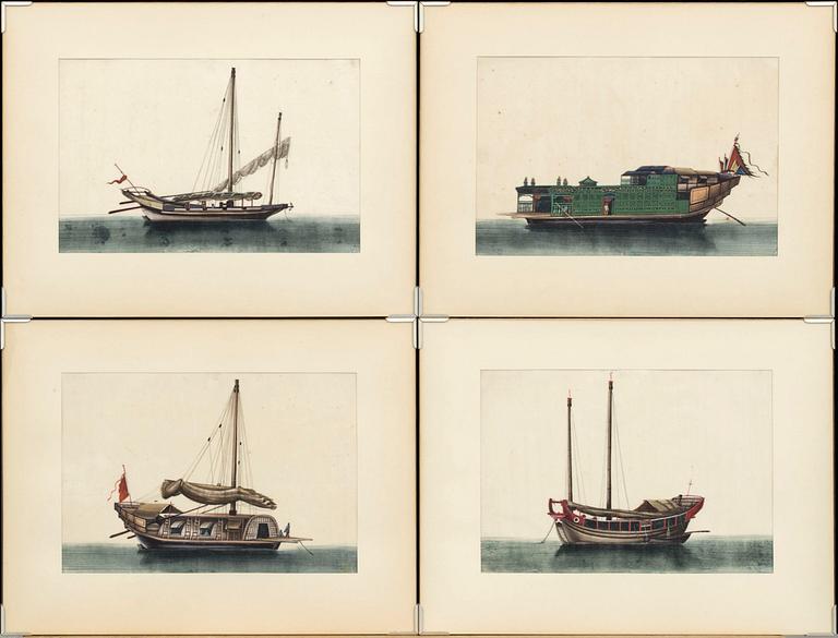 A set of 12 maritime Chinese watercolours on paper by an unknown artist, Qing dynasty, 19th Century.