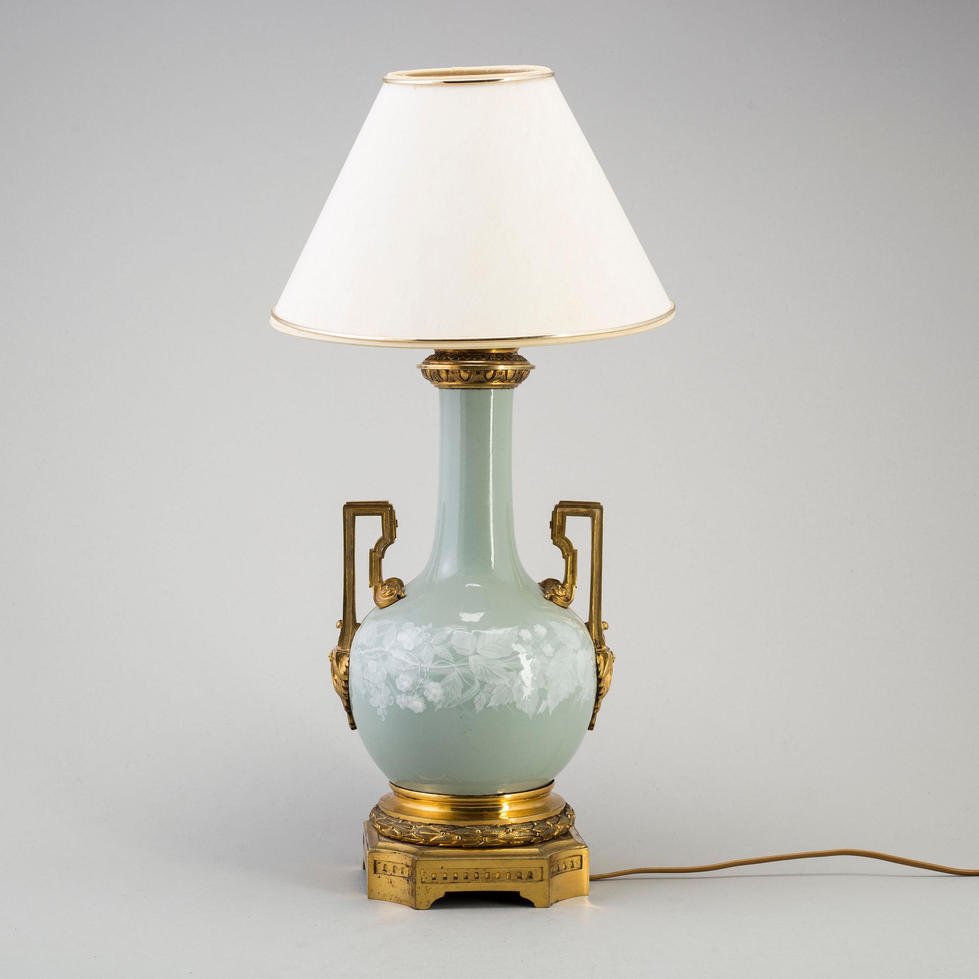 A 20th century celadon Chinese porcelain vase/table lamp, with  european gilt-bronze mount, 19th century.