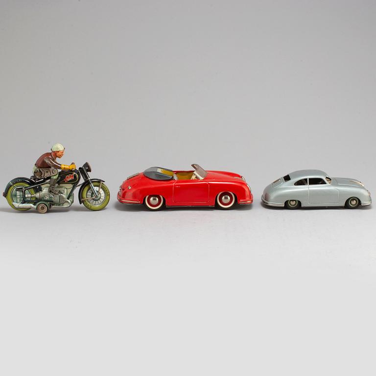 2 TOY CARS and 1 MC. Distler Porsche, JNF Prototype Porche, Arnold MC, mid 20th century.