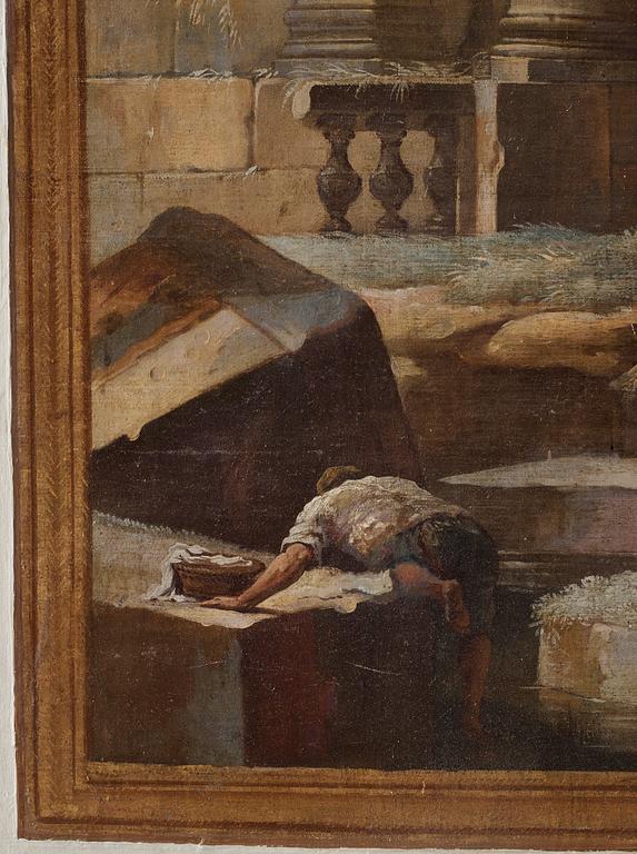 Johan Pasch Tillskriven, Väggfält. Ruinlandskap rastande soldater och figurer vid brunn.