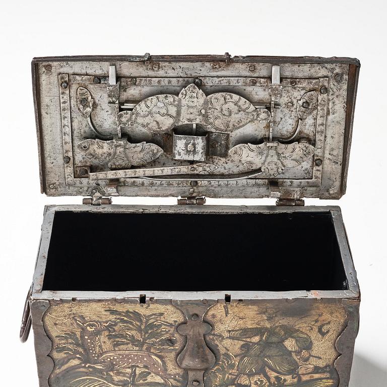 A South German presumably Nuremberg polychrome-painted wrought baroque iron casket, 17th century.