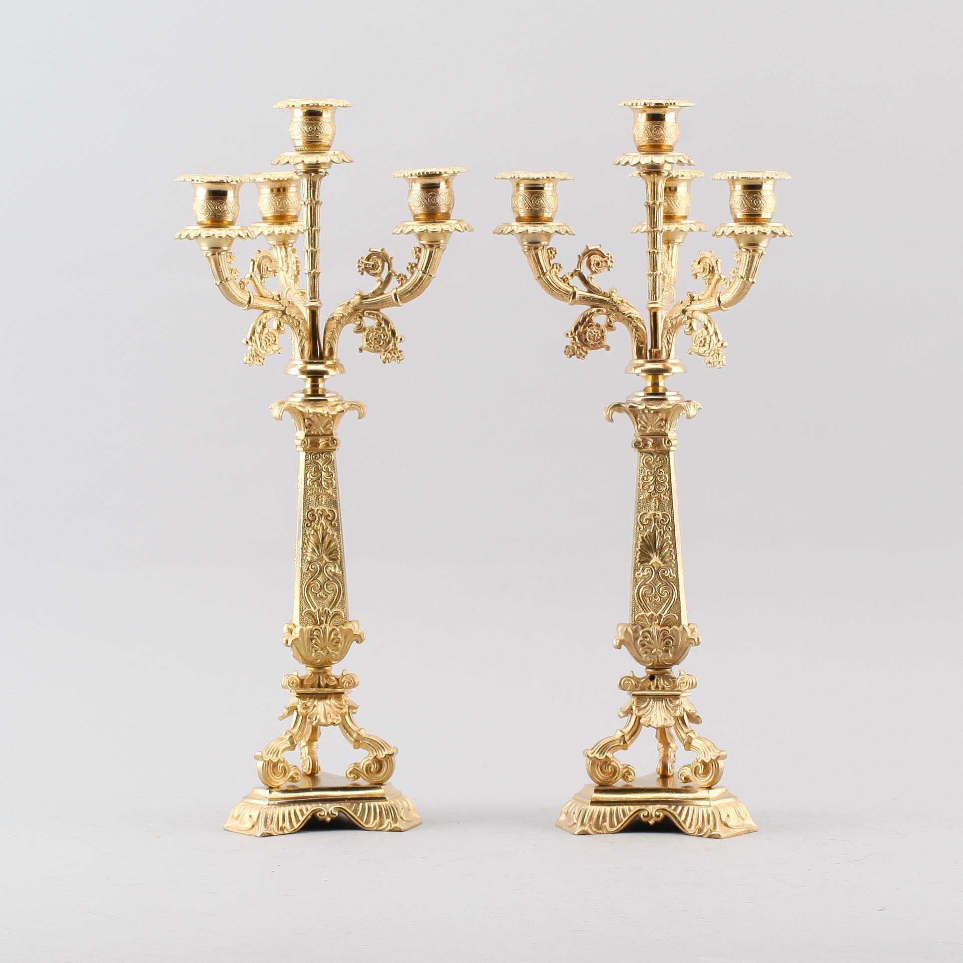 KANDELABRAR, 1 par, förgylld brons, senempire, 1800-talets andra hälft.