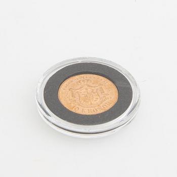 Gold coin Sweden, Oscar II 10 kr, 1883, mint error.