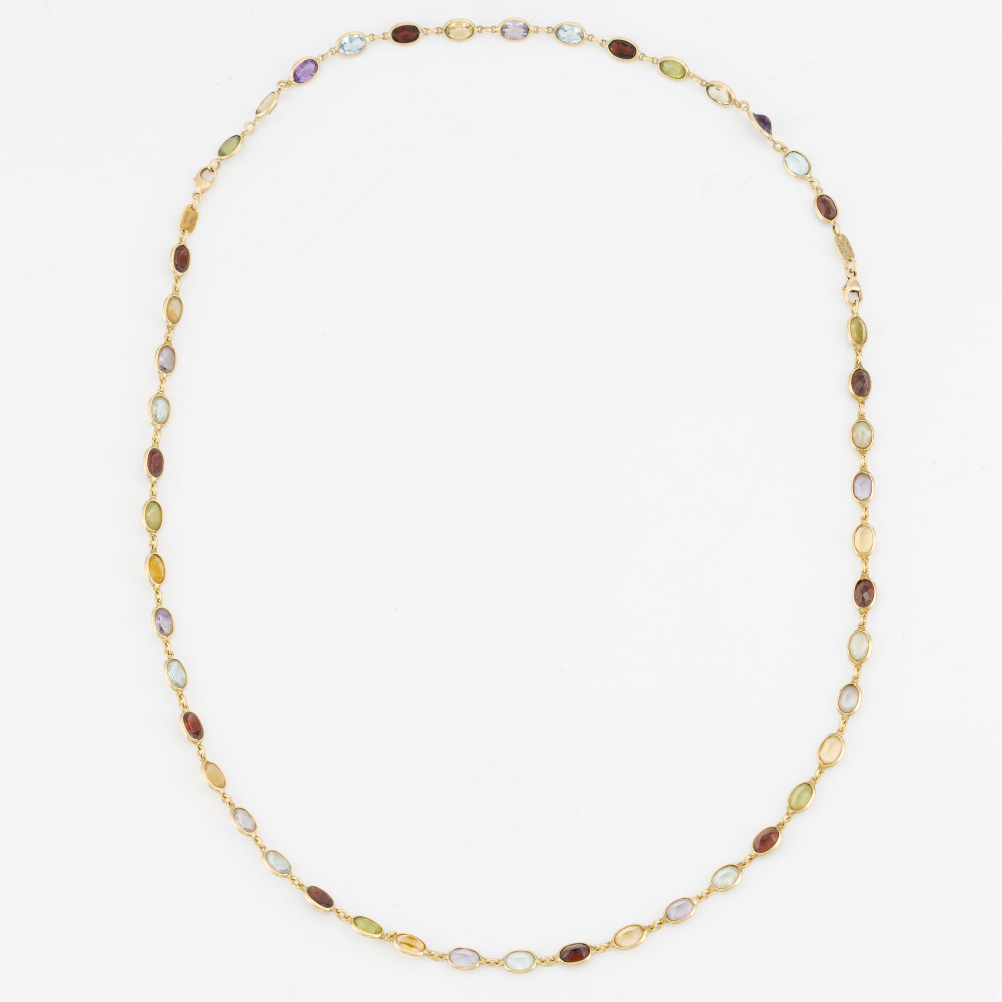 Necklace/bracelet in 18K gold with various coloured gemstones including topaz, citrine, amethyst, garnets, and peridot.