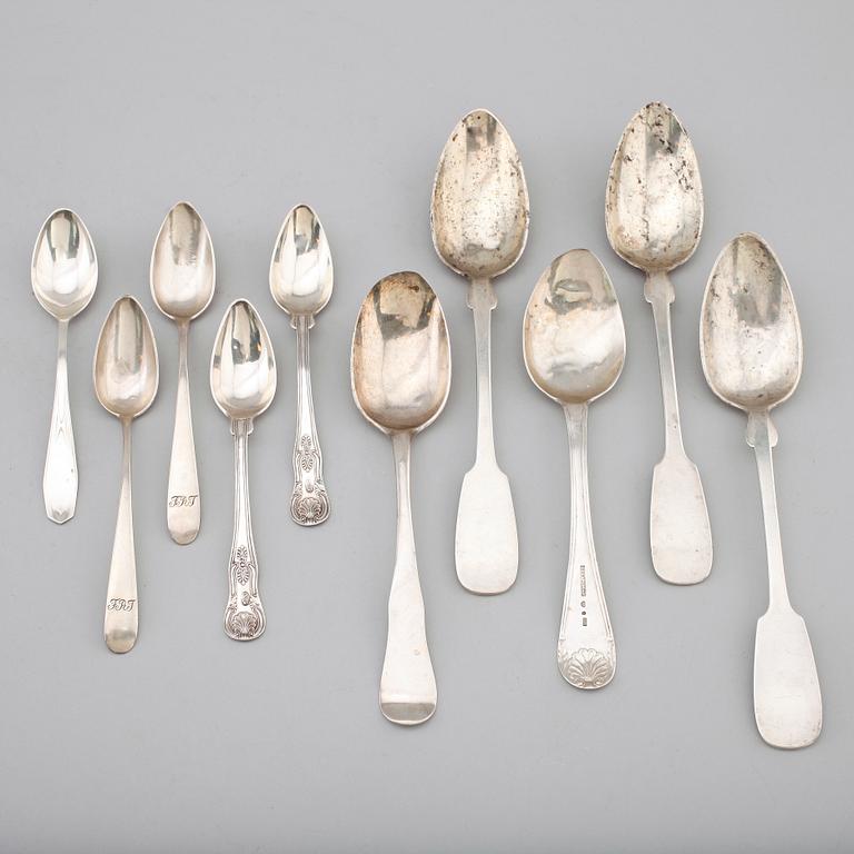 SAMLING SKEDAR, 10 st, silver, 1700-/1800-/1900-tal. Vikt ca 359 gram.