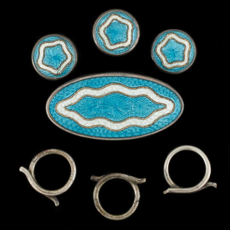 SMYCKESET, 4 delar, sterling silver, emalj, London tidigt 1900-tal. Vikt ca 7 gram.