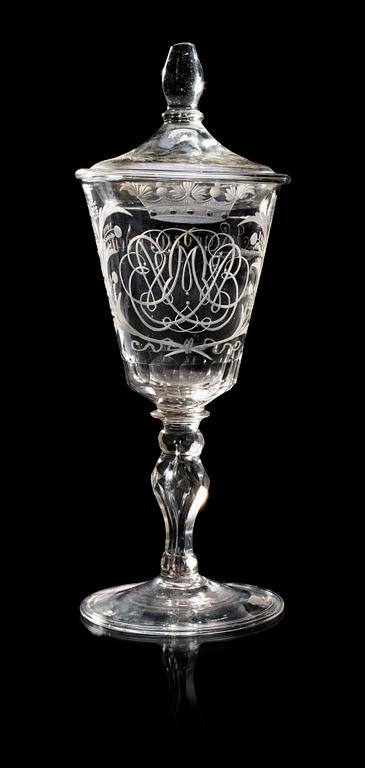 A large Bohemian cut and engraved goblet with cover, 18th Century.