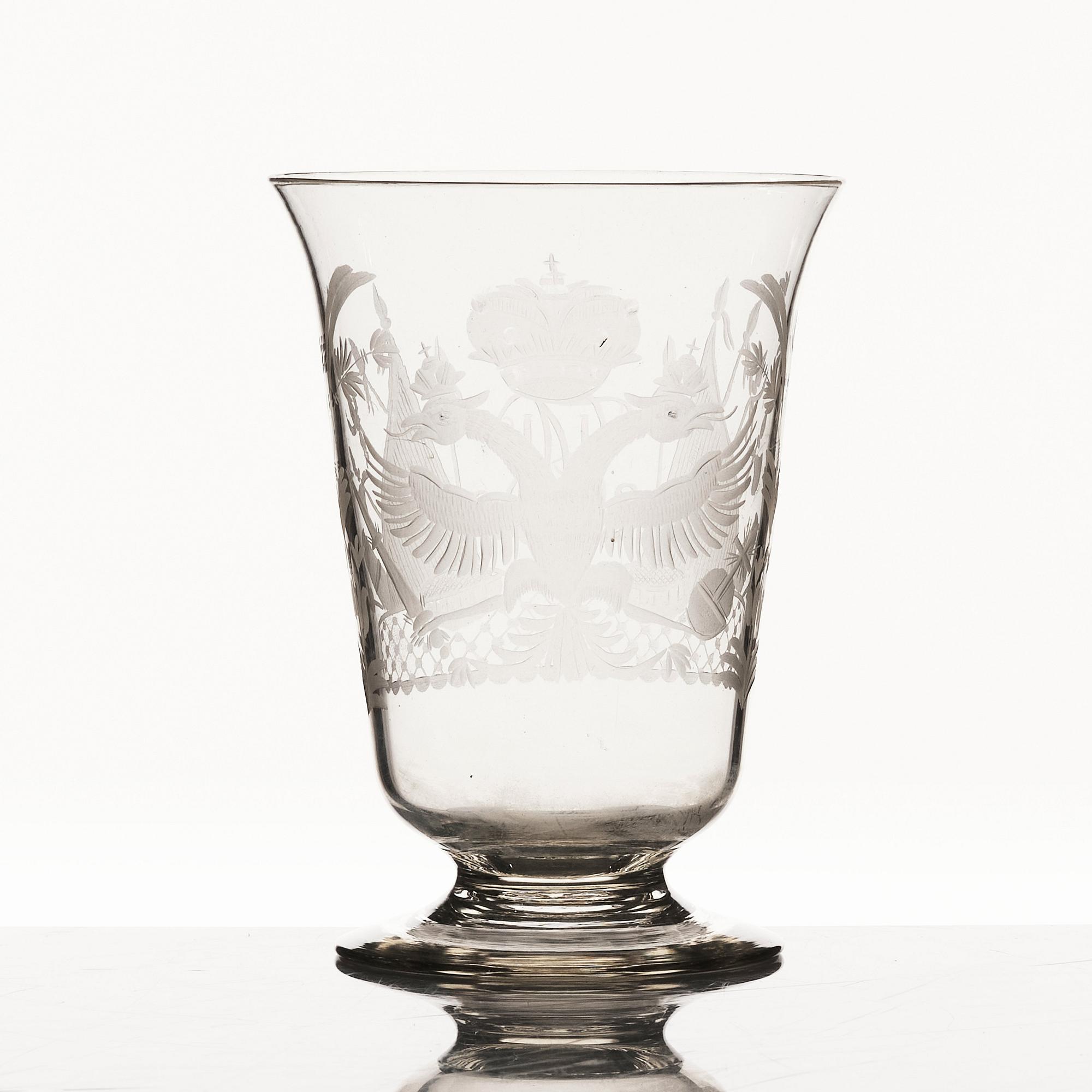 A Russian commemorative glass Goblet, engraved with Russian imperial crown and monogram, around 1900.