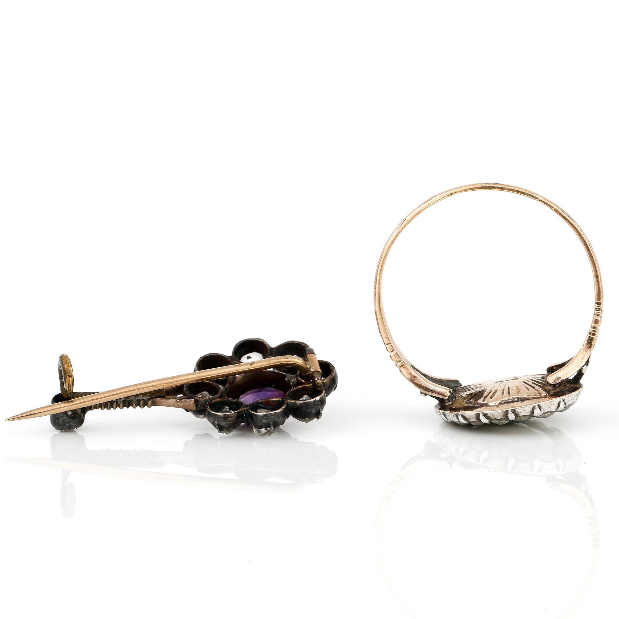 RING samt BROSCH, med markasiter, ametist, och vita pastestenar, omkring sekelskiftet 1900.