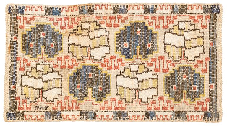 Märta Måås-Fjetterström, a textile, "Grodblad blå", flat weave, ca 76 x 41 cm, signed AB MMF.