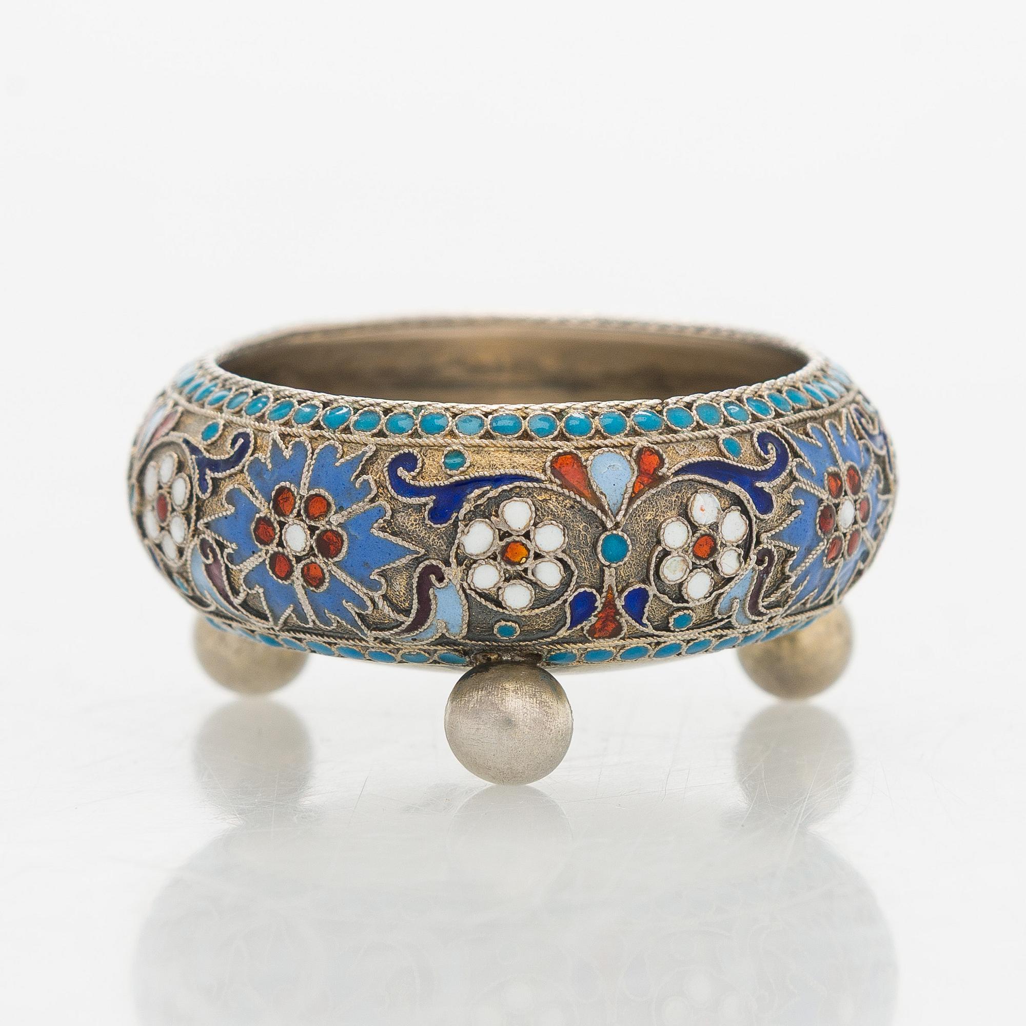 A silver parcel-gilt, cloisonné enamel salt cellar, 1890s.