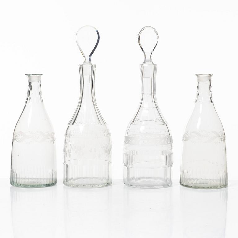 Four glass decanters, Gustavian, Sweden, late 18th century and first half of the 19th century.