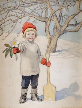 81. Elsa Beskow, Gosse med julrosor.