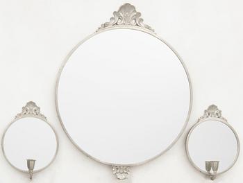 Mirror with wall sconces, a pair of Swedish Grace, 1930s/40s pewter.