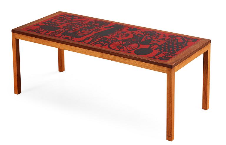 A Stig Lindberg enamel and oak sofa table, Gustavsberg 1950's.