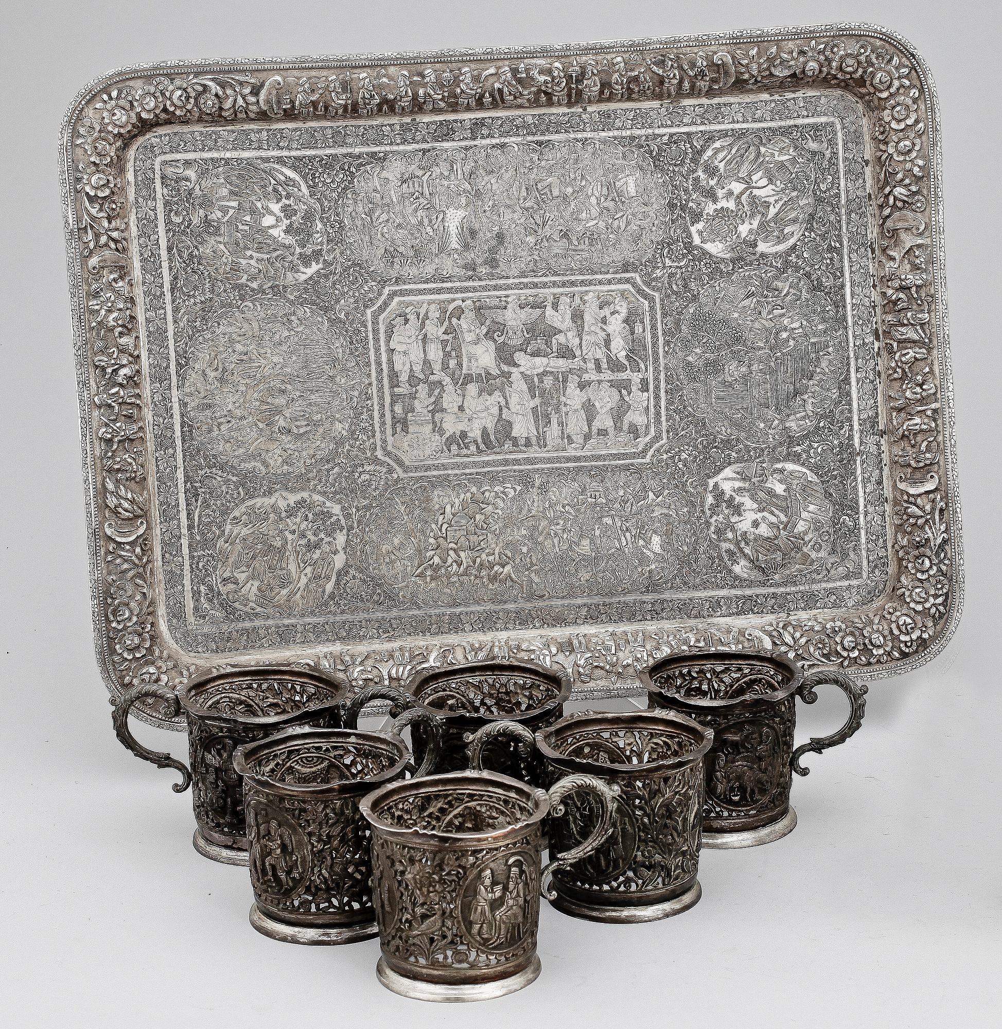 TEGLASHÅLLARE, 6 st samt BRICKA. Silver, Persien, 1900-talets första hälft, vikt tot ca 3300 g.