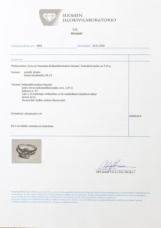 A platinum ring with a ca 2.45 ct brilliant cut diamond.