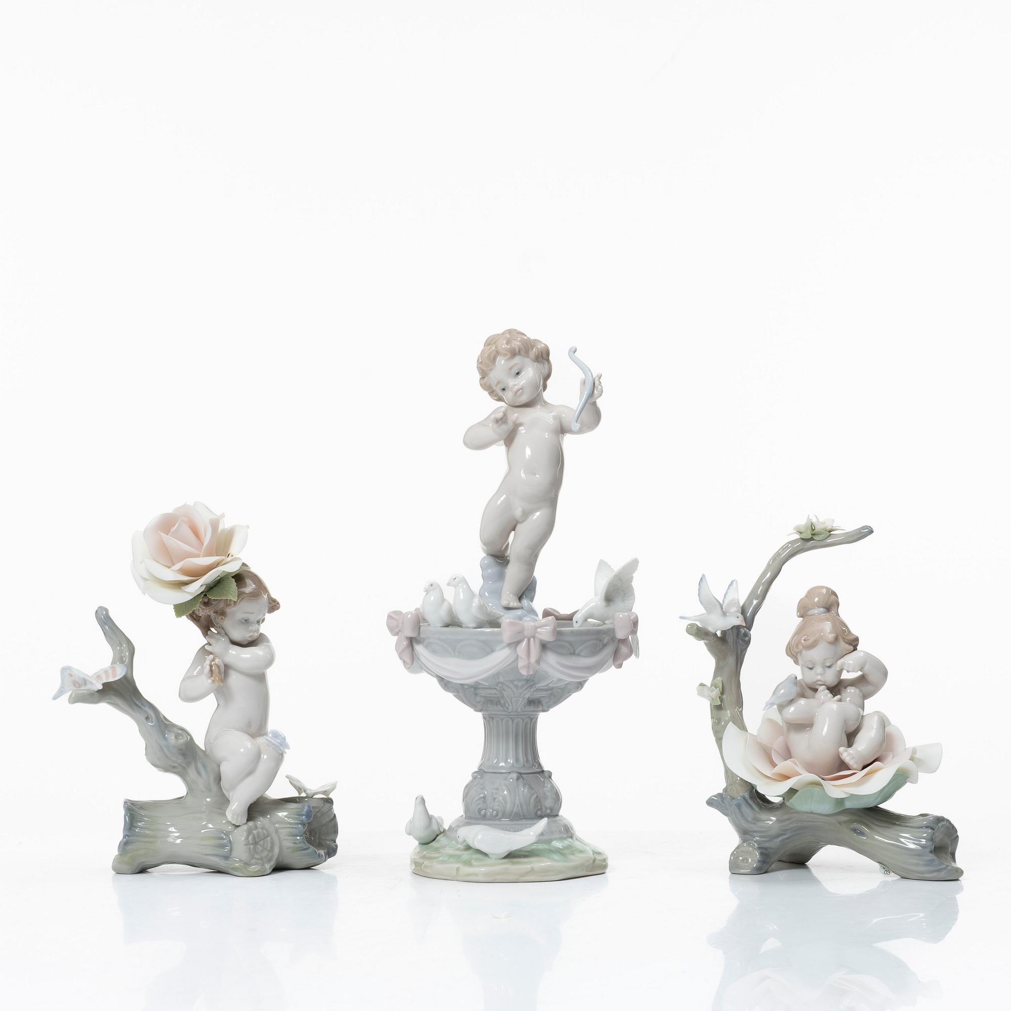 Lladró, figuriner, 3 st, "Fountain of love", "Born in springtime" samt "Somewhere in the garden", Spanien.