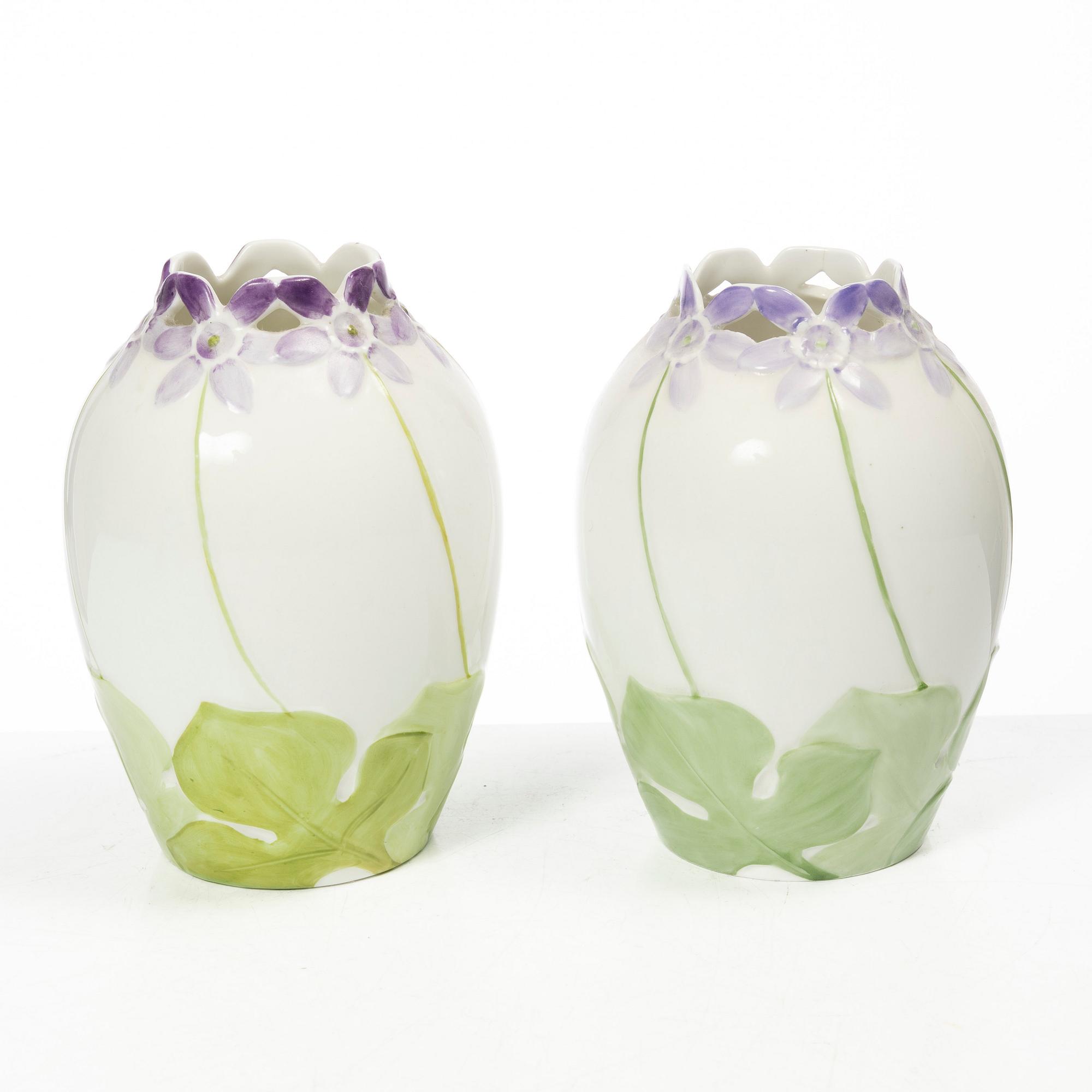 Alf Wallander, attributed to, vases, a pair, porcelain, Art Nouveau, Rörstrand, circa 1900.