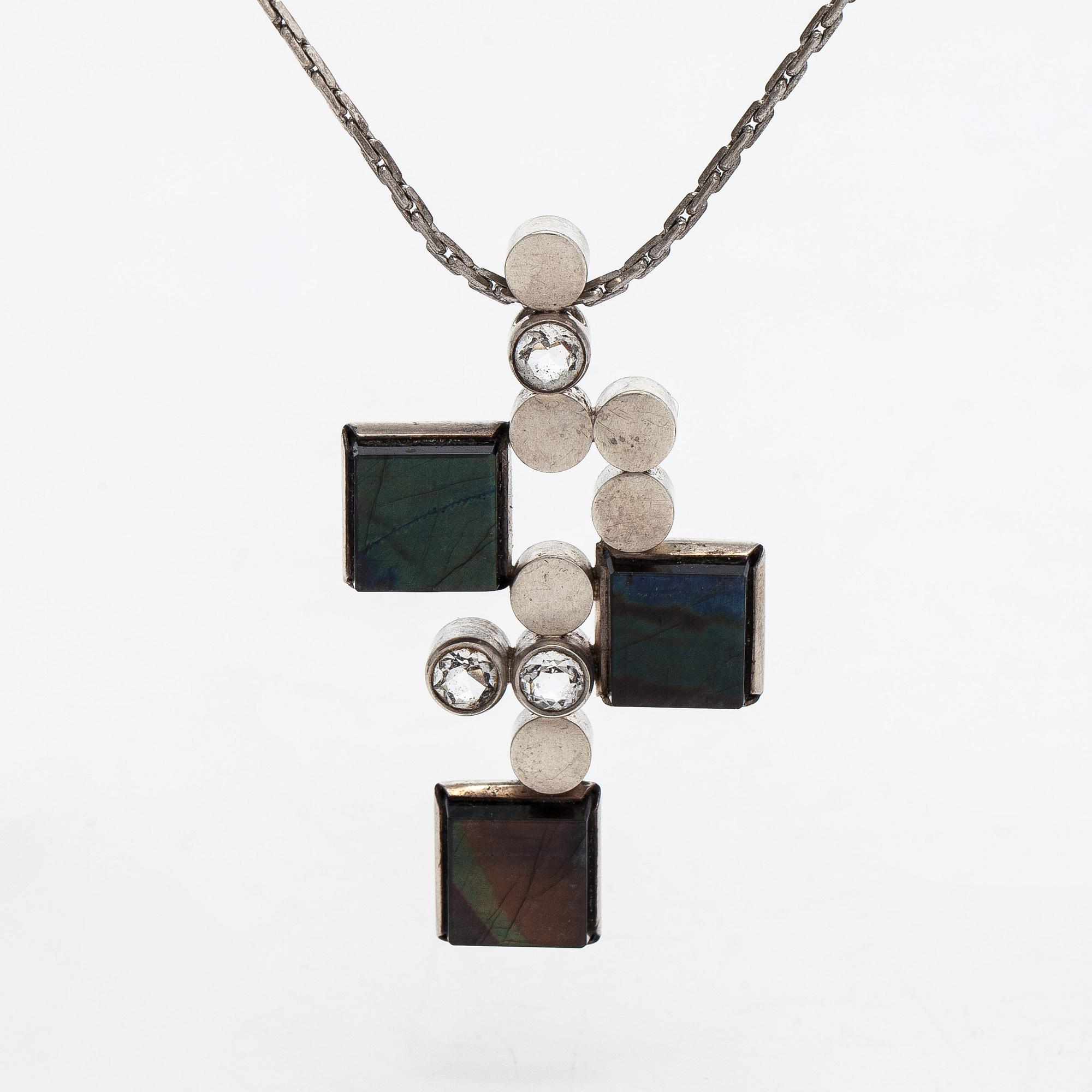 Elis Kauppi, pendant and bracelet, silver, spectrolite, Kupittaan Kulta, Turku 1965.