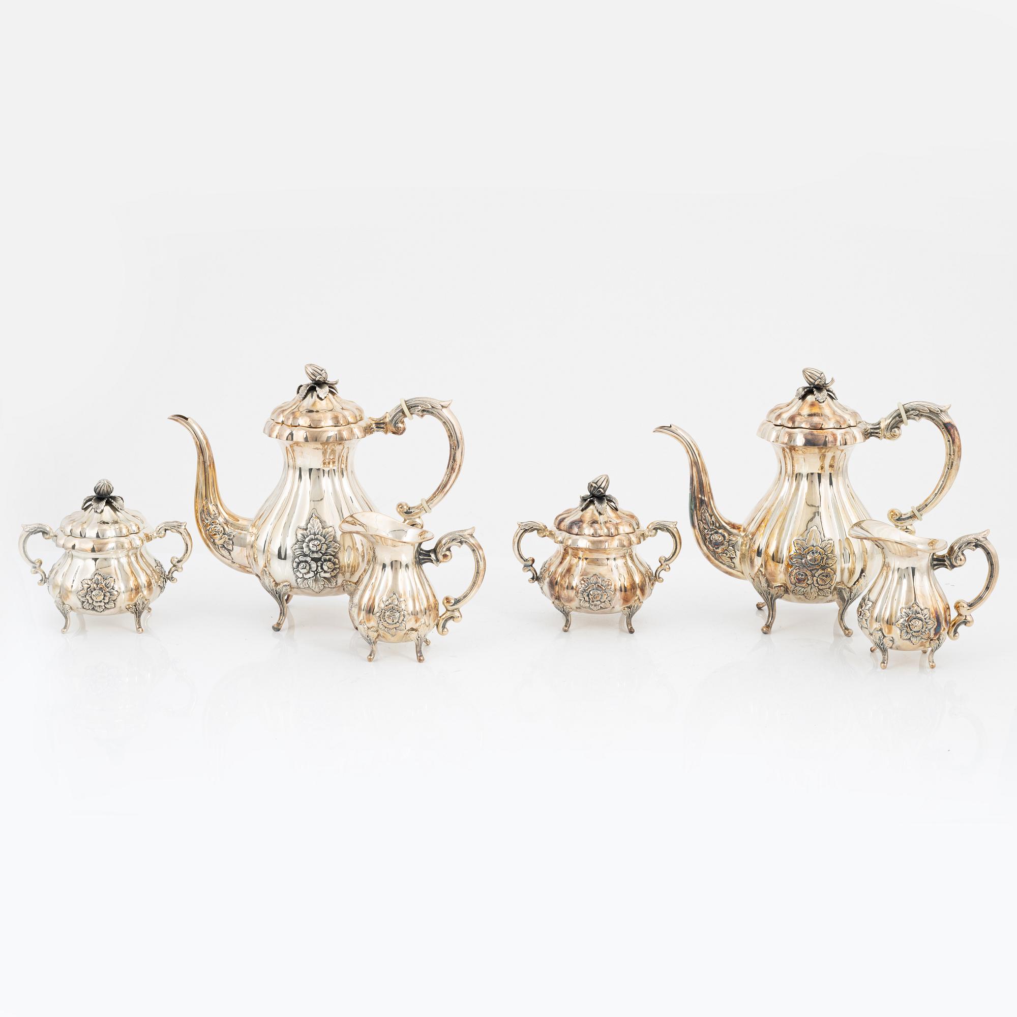 Kaffeservis, 6 delar, silver, rokokostil, svenska importstämplar, 1900-tal.