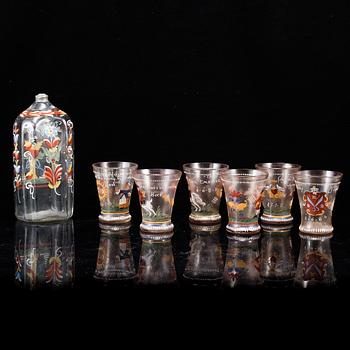 A group of six beaker glasses and a bottle, Historismus, circa 1900.