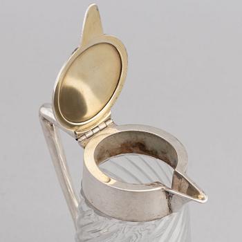 A German glass and silver carafe, mark of Wilhelm Binder, Bremen, Schwäbisch Gmünd, circa 1900.