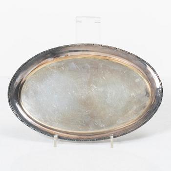 Sugar bowl, creamer and tray, silver, mid-20th century.