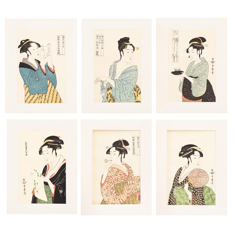 Kitagawa Utamaro, efter, färgträsnitt, 6st, Japan, 1900-talets andra hälft.