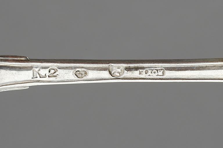 TESKEDAR, 6 st, silver, Lars Boye, Stockholm, 1791-92. Vikt 126 g.