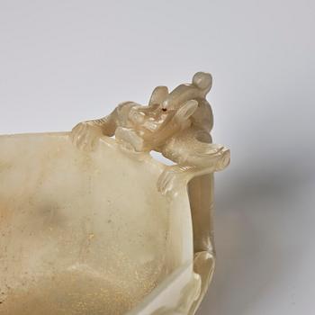 A carved nephrite cup with 'chilong' handles, late Qing dynasty/early 20th century.