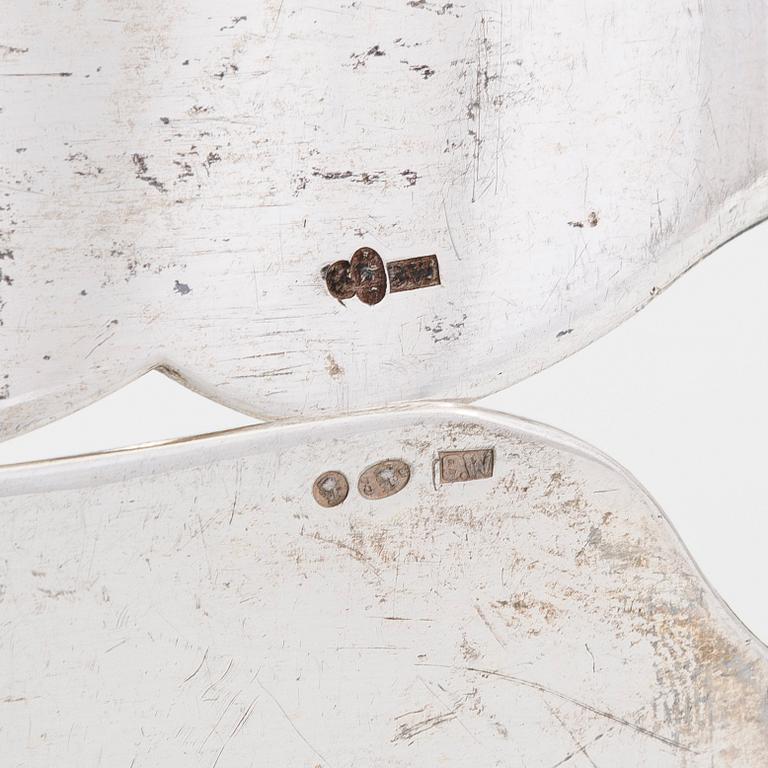 Tarjoiluvälineitä, 6 kpl, hopeaa, Varsova Puola 1920-31. Mestarinleima B.W.