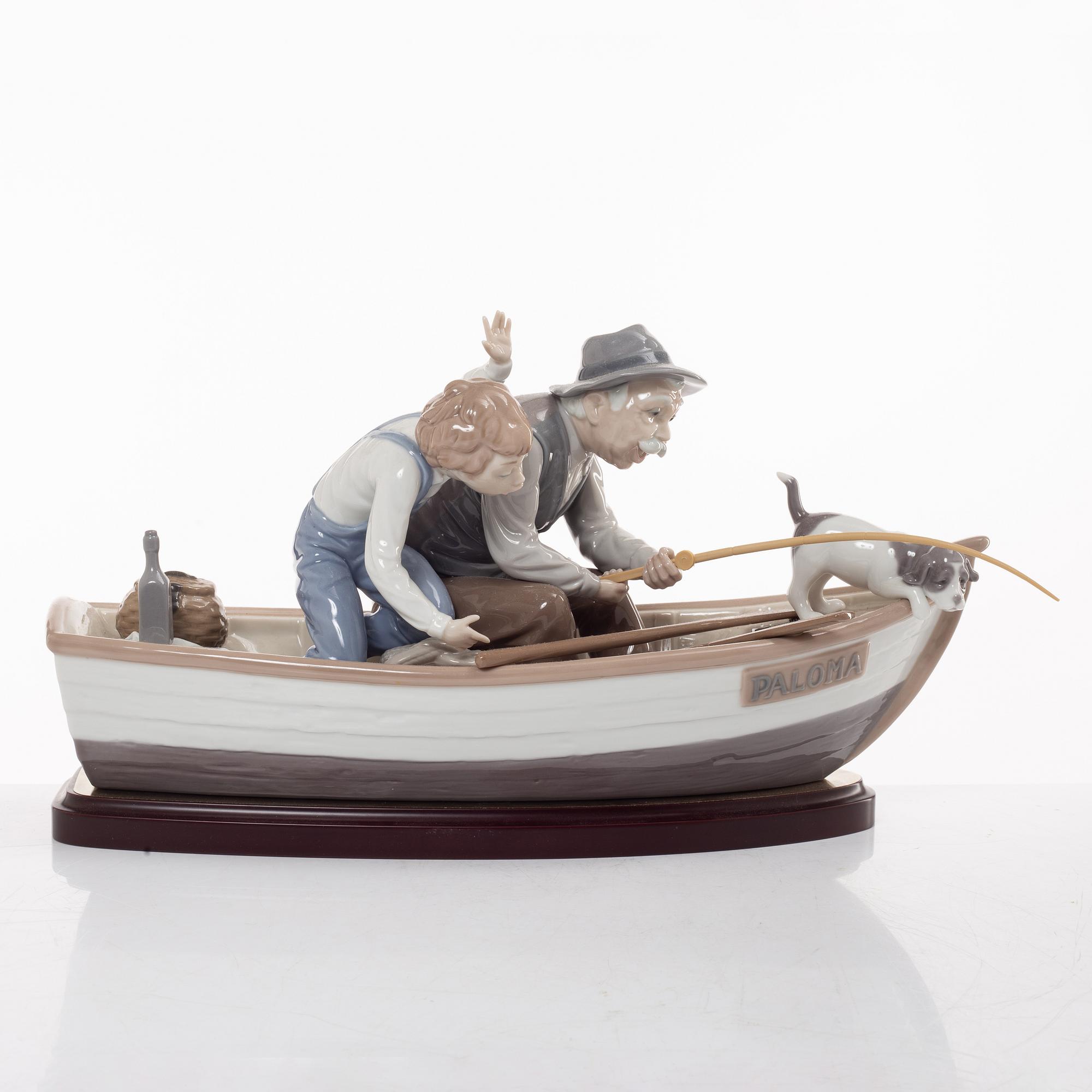 Lladro, two figurines, Salvador Furió, "A fishing lesson", and José Puché, "Fishing with gramps", Spain.