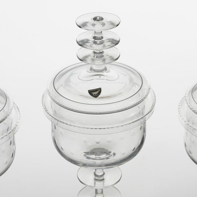 Nils Landberg, three lidded glass cups, Sandviks, Sweden, 1960's.