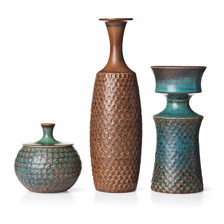 Stig Lindberg, a set of three stoneware vases, Gustavsberg studio, Sweden 1962.