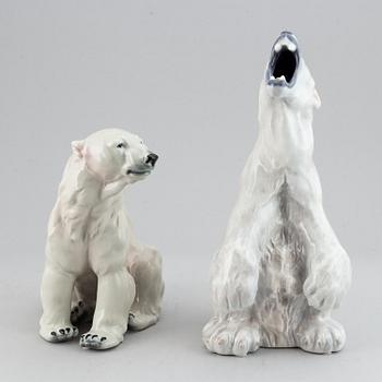 Two porcelain polar bear figurines, one marked Royal Copenhagen, 1966.