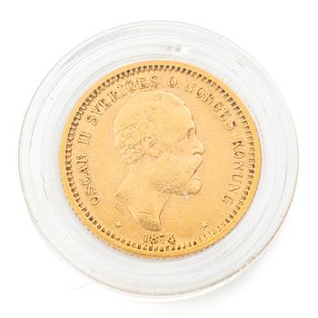 Guldmynt, Sverige, Oskar II, 10 kronor, 1874.
