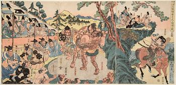 UTAGAWA KUNISADA (1786-1864), triptyk, color woodblock print. Signed Toyokuni. Japan, 1840.  'Sukeyashu vs Kagehisa'.