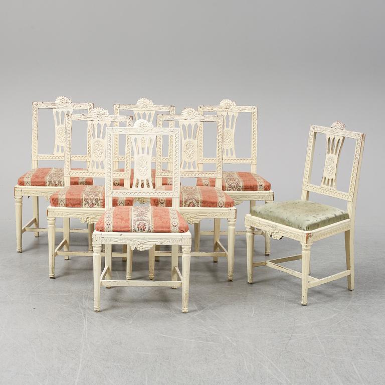 Seven Gustavian chairs from around year 1800.