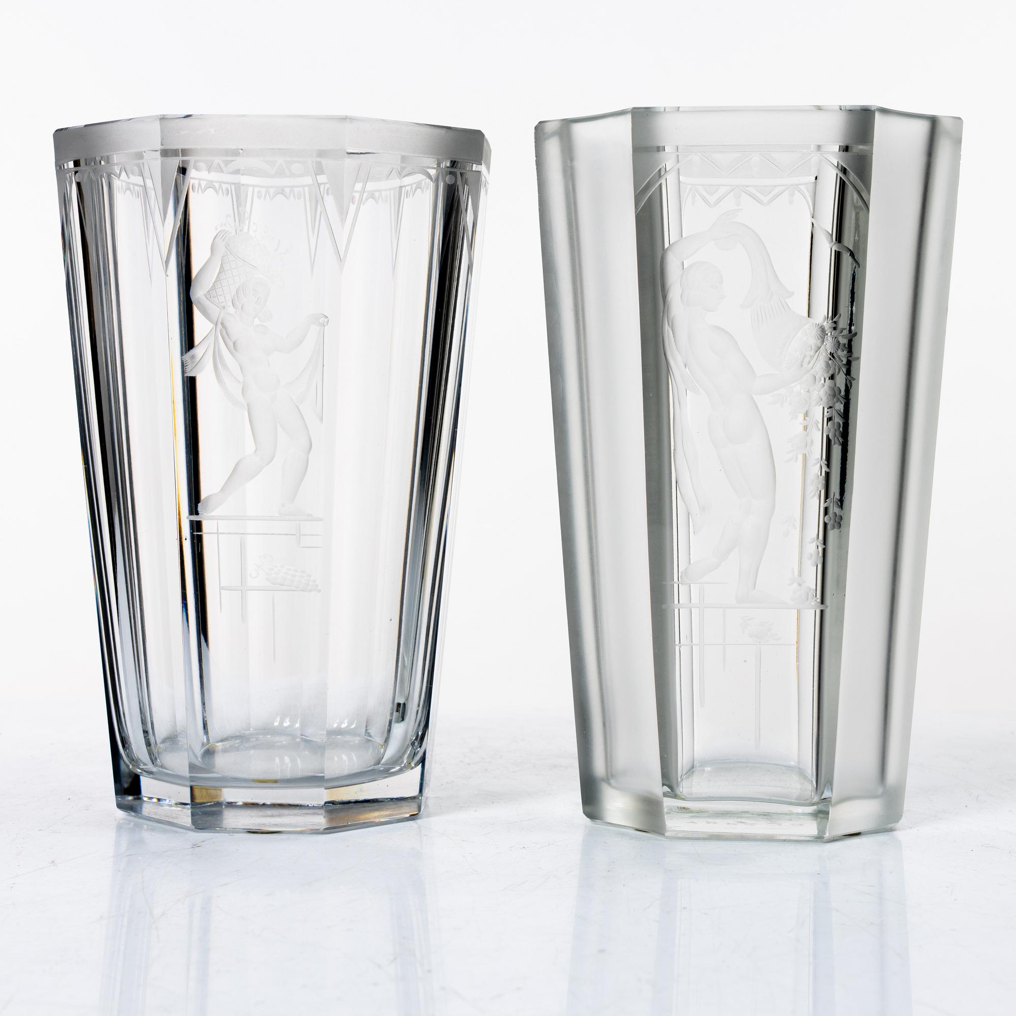 Emil Weidlich, vaser, 2 st, Elme glasbruk, 1930-tal.